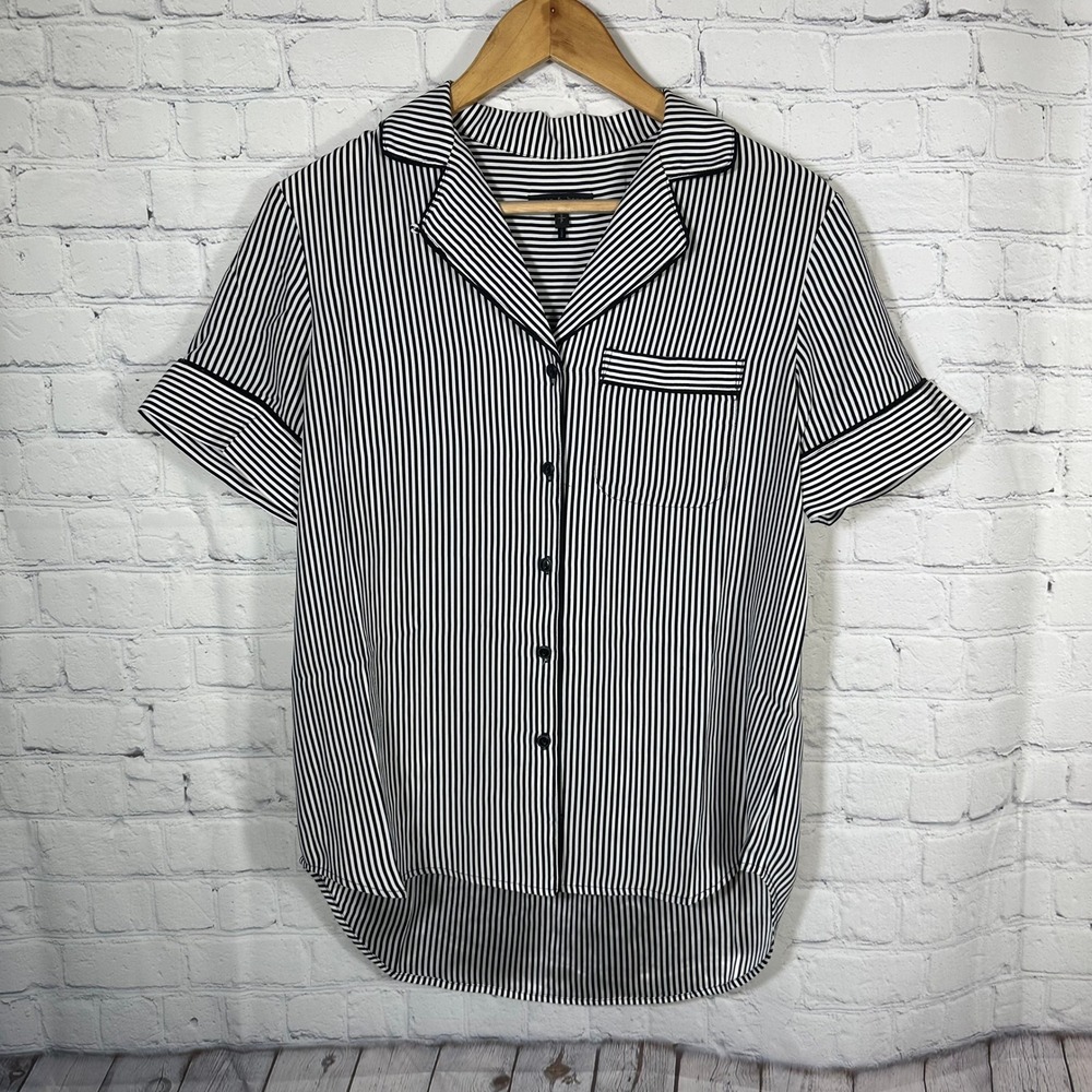 Rag & Bone Silk Striped Short Sleeve Button Down Shirt Black White Womens Small